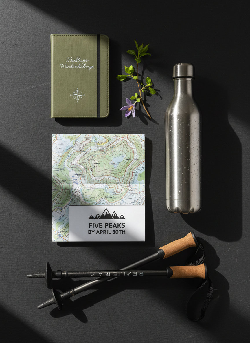 A minimal, professional flat lay of essential spring hiking gear neatly arranged on a dark slate surface: a folded topographic map labeled with five small summit icons, a sleek stainless-steel water bottle with condensation beads, lightweight trekking poles, and a compact, weatherproof notebook with “Frühlings-Wanderchallenge” embossed on the cover. A subtle sprig of fresh green leaves and a single small mountain wildflower add seasonal detail. Photographic realism with soft, diffused window light from the left creates gentle shadows and delicate highlights on metal and paper textures. Shot from a directly overhead, bird’s-eye perspective with precise alignment, the composition feels structured, calm, and purposeful, underlining preparation and professionalism for completing five hikes by the end of April.
