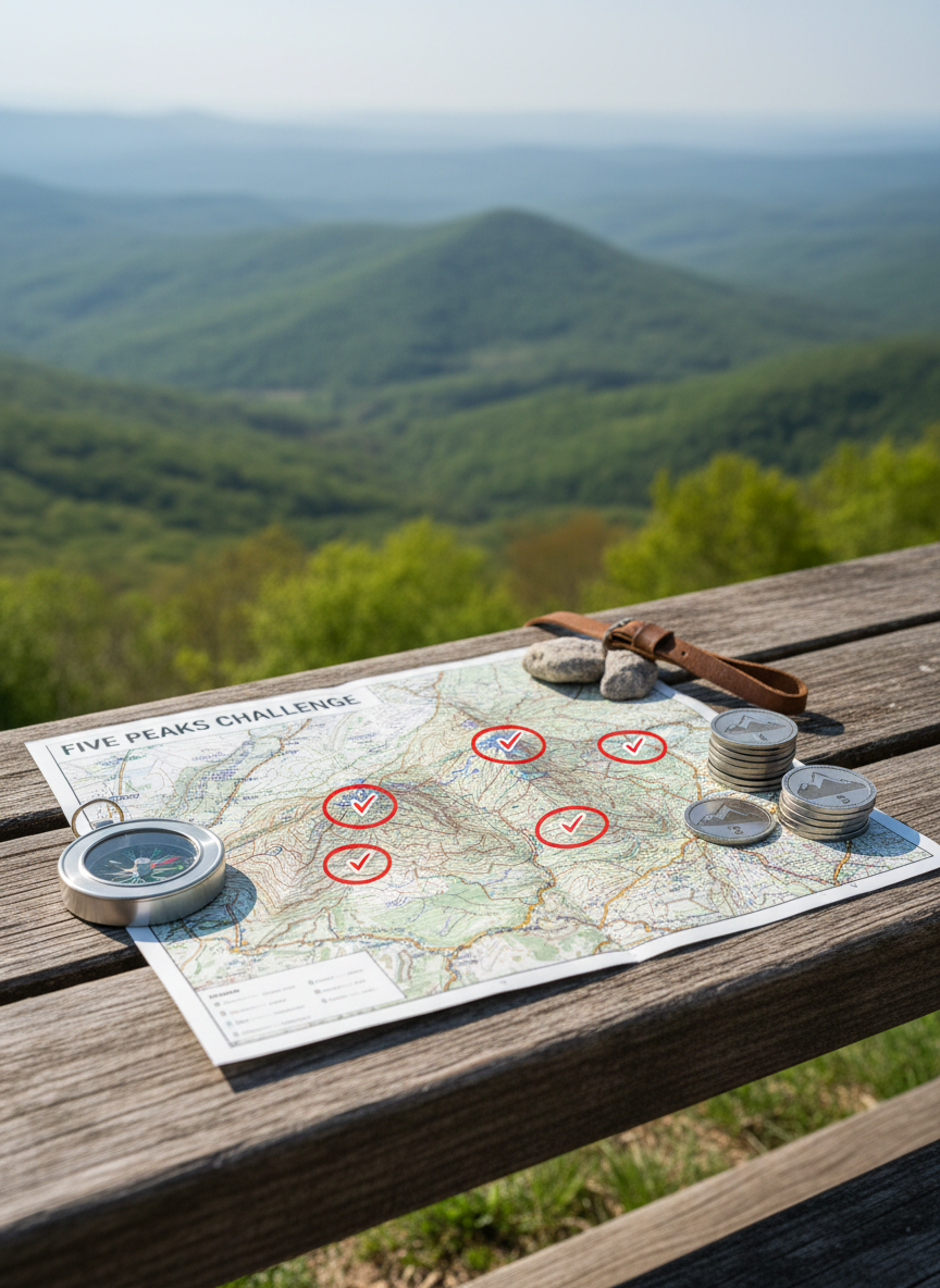 A detailed topographic hiking map spreads across a weathered wooden viewpoint bench, its crisp lines and elevation contours clearly visible, centered on five highlighted peaks marked with bright red circles and subtle checkmark icons. Next to the map lies a brushed metal compass and a neat stack of small numbered summit badges, each engraved with the silhouette of a different mountain. The background falls into a soft-focus vista of rolling spring hills and distant ridgelines under a bright but slightly hazy sky. Photographic realism with soft, diffused midday light creates minimal shadows and a professional, organized mood. Shot from a slightly elevated angle, the composition emphasizes clarity, planning, and the structured nature of a five-peak challenge.