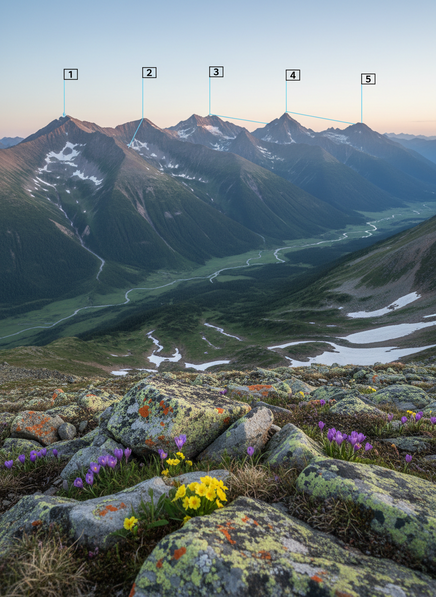 A panoramic, photographic-realistic view from a spring mountain ridge shows five distinct summits aligned across the horizon, each subtly annotated with a small, semi-transparent numbered flag hovering above it, from 1 to 5. The foreground features lichen-covered rocks and early alpine flowers, sharply detailed, giving way to sweeping green valleys still streaked with late snowfields. Soft, clear morning light illuminates the scene evenly, enhancing natural colors without harsh contrast. Captured from a slightly elevated, wide-angle perspective, the composition balances precision and grandeur, conveying a professional, goal-oriented mood. Thin, clean graphic lines connect each numbered flag to its respective peak, suggesting a planned route for the challenge while maintaining a realistic, documentary feel.